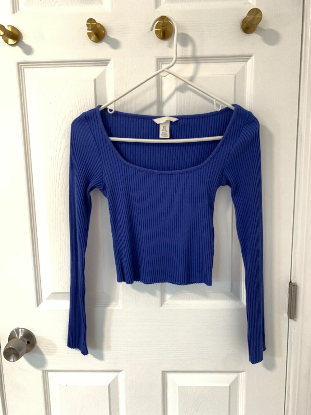 H&M Cobalt Blue Ribbed Long Sleeve Scoop Neck Crop Top XS